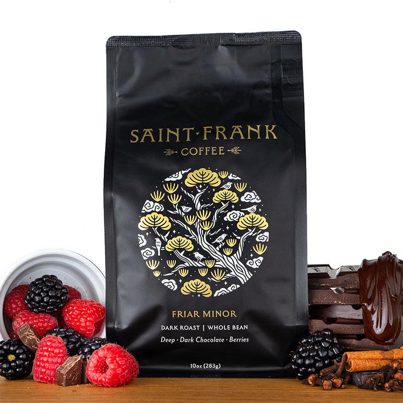 Friar Minor coffee bag surrounded by berries and chocolate